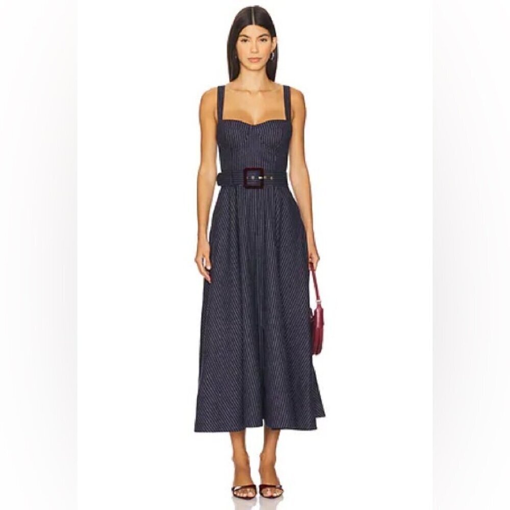 NEW Cara Cara Calypso Belt Bustier Midi Dress Navy Chalk Pin Stripe US 6 UK 10 - Picture 2 of 14